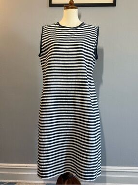 S Max Mara Navy and White Striped Sleeveless Shift Dress